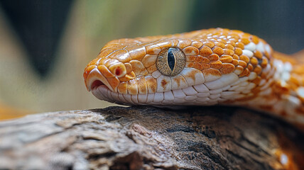 Fototapeta premium Close up of a vibrant orange corn snake resting on a tree branch with a blurred background