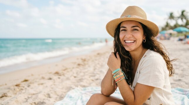 Young woman with hat and bracelets smiling on a sunny beach day