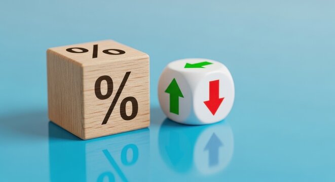 Interest rate percentage symbol on wooden block, financial arrow icons on white dice, mortgage and banking concept on blue background