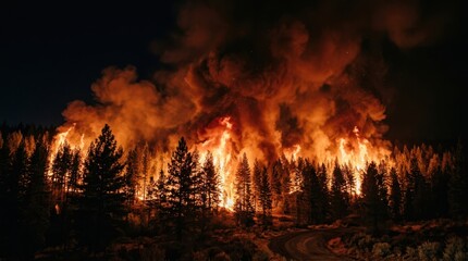 Naklejka premium Intense forest fire at night with towering flames and smoke plumes
