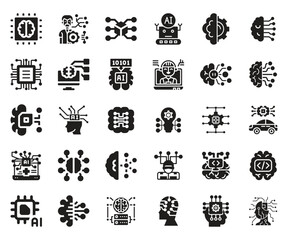Obraz premium A collection of monochrome icons depicting artificial intelligence robotics and the human brain high-quality professional detailed modern elegant stylish clean