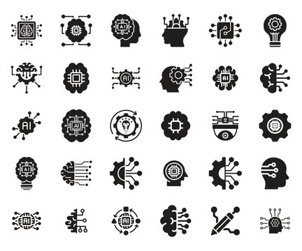 A collection of black glyph icons representing artificial intelligence machine learning and digital brains high-quality professional detailed modern elegant stylish
