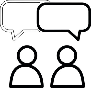 Simple line art illustration of two people talking with speech bubbles isolated on white background