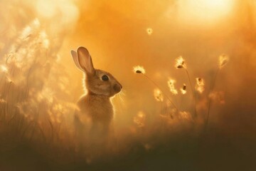 a cute rabbit at sunset.