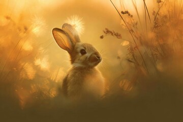 a cute rabbit at sunset.