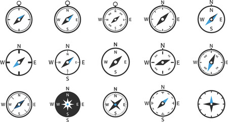 Compass Icon Set with Directional Markers for Navigation, Travel, and Map Design in Flat Style © Md