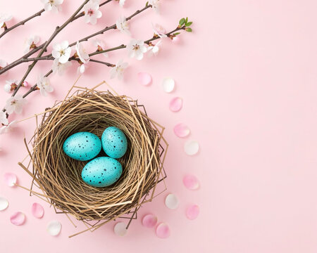 A birds nest containing three speckled turquoise eggs is positioned in the lower left quadrant of the frame