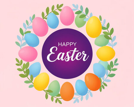 A circular arrangement of colorful Easter eggs, predominantly pink, blue, yellow, and orange, is presented on a pale pink background