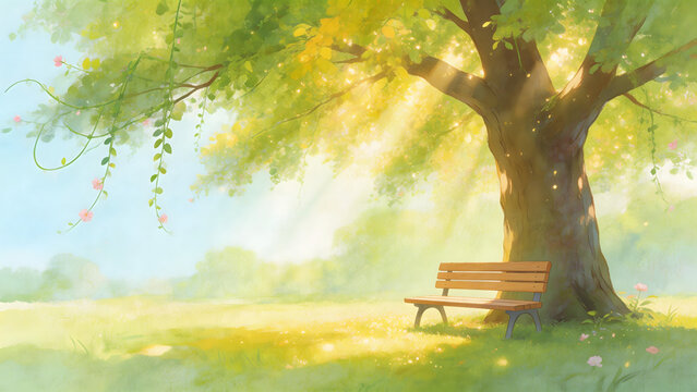 Bench under tree with sunlight