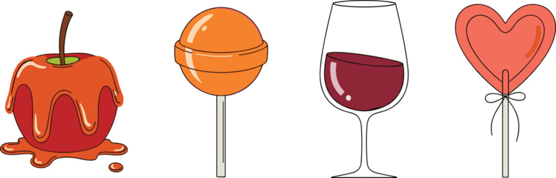 Delicious Sweets Collection with Candy Apple, Lollipop, Wine Glass, and Heart-Shaped Lollipop for Festive and Celebratory Designs
