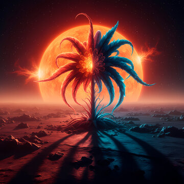 Alien flower on the terminator line of Proxima Centauri b, showing fire and ice contrast under a red sun