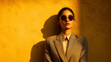Fototapeta premium Stylish portrait of a woman wearing sunglasses and a blazer with dramatic light and shadow creating a cinematic fashion look.