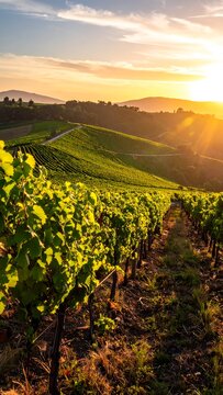 Vineyard rows stretch into the distance under a warm, bright sunset over rolling hills