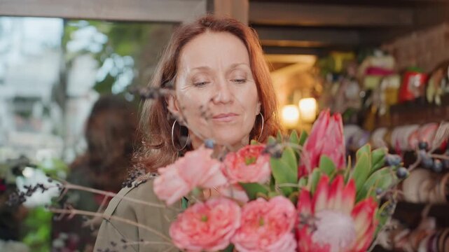 White florist presenting finished pink bouquet to camera, proud owner portrait with warm smile and confident gaze, polished protea and rose arrangement, shop backdrop with ribbons and vases,