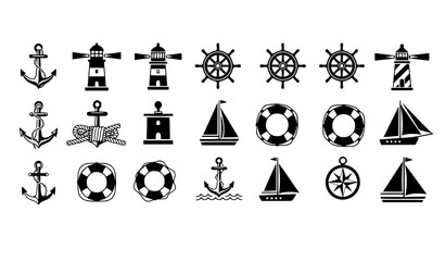 Minimal nautical icon set anchor lighthouse ship wheel lifebuoy marine vector isolated on white background © Sifat
