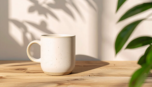 Close-up of a minimalist matte ceramic mug sitting peacefully on a light wooden table, bathed in natural sunlight with elegant leaf shadows dancing on the background