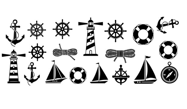 Modern nautical symbols anchor lighthouse wheel lifebuoy marine icon collection vector isolated on white