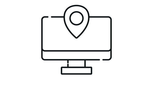 Desktop computer with location pin icon on screen, map pointer and navigation concept, black line vector illustration isolated on white.