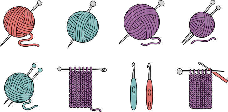 Illustration of Colorful Yarn Balls, Knitting Needles, and Crochet Hooks for Crafting, DIY, and Textile Projects