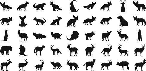 Detailed set of black animal silhouettes including desert foxes, gazelles, ibex, goats, and wild cats, minimalist vector graphic icons for nature wildlife design projects. © Sandha