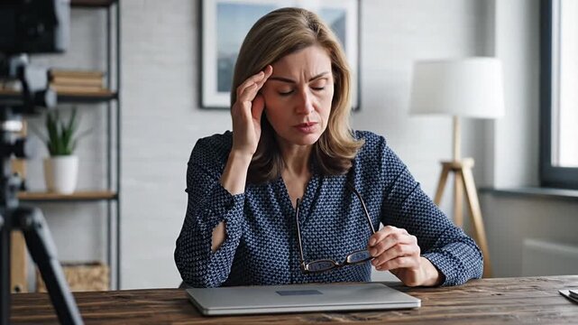 Stressed businesswoman suffering from burnout, headache, and eye strain at her home office desk. Represents mental health, overwork, and work-life balance issues with remote technology use.