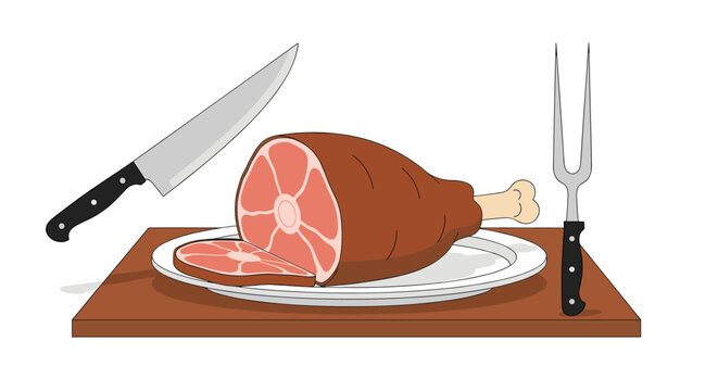 Savory roast ham served on a white platter with a sharp kitchen knife and a long carving fork ready for slicing at a family dinner or holiday feast.