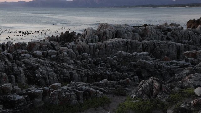 Rocky coastline, DeKelders,  South  Africa, overlooking Walker Bay Nature Reserve and Klein Mountains