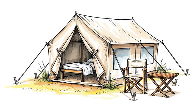 Glamping tent with a bed and outdoor seating in a natural setting  