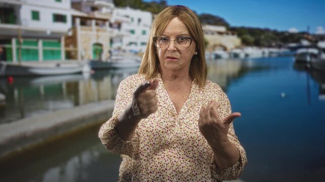 Middle age woman points finger and shows open palm toward camera beside waterfront building; firm accusation.