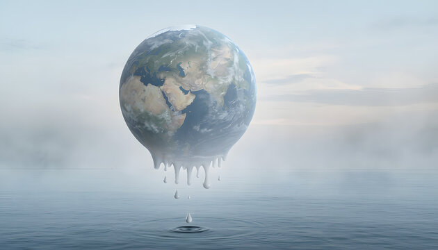 Melting planet Earth above calm ocean &ndash; subtle climate change concept.
