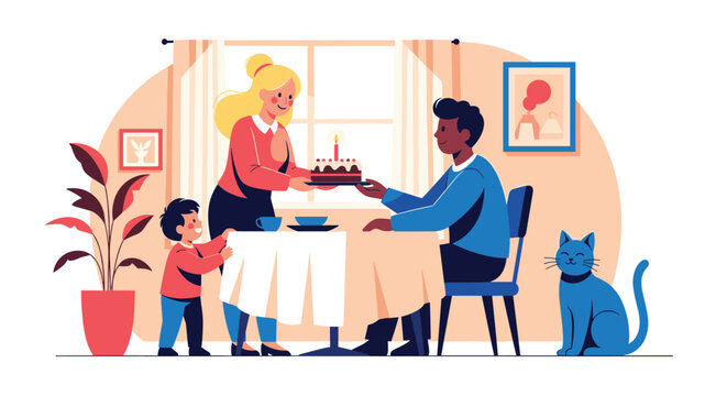 Happy diverse family gathered around a dinner table as a woman presents a birthday cake with a single candle while a pet cat watches nearby.