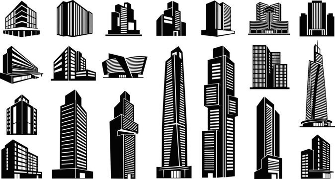 Modern city skyscraper building set with black and white vector silhouette icons of high rise corporate offices towers and urban architecture apartment commercial structures.