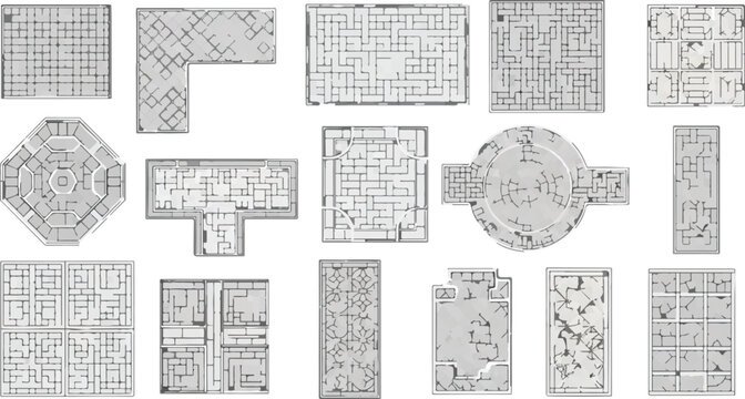 Dungeon map collection for tabletop gaming, fantasy RPG level design layouts, set of 15 black and white architectural floor plans for adventure games