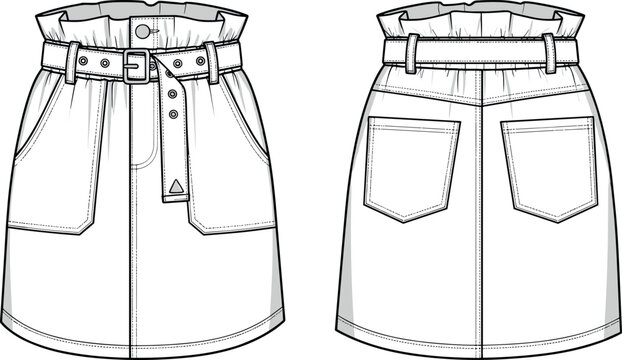Women Paperbag Waist Denim Skirt Vector Illustration with Belt and Pockets Fashion Flat Sketch Technical Drawing Front and Back View