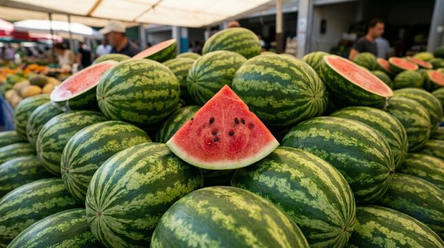 Watermelon fruits forming a large pile at an outdoor market stall, with several whole watermelons and a vibrant red slice showcasing its refreshing interior, ready for sale