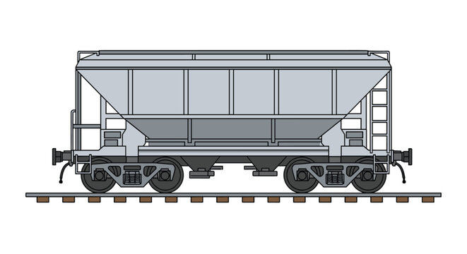 Side view of a grey industrial railway hopper car on tracks for transporting bulk goods and materials.