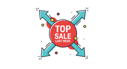 Obraz premium Top sale last week promotional tag with a circular red badge and four blue arrows pointing outwards.
