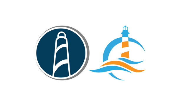 A stylized illustration of two lighthouse logos on a white background