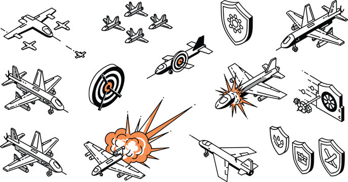 Military Aircraft Combat and Defense Set with Fighter Jets, Explosions, Targeting, Shields, and Aerial Attacks for Air Force and Warfare Designs