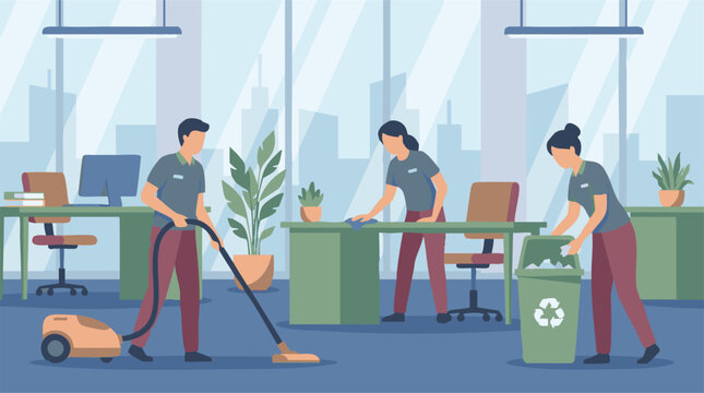 Office cleaning team performing various tasks in a contemporary workspace