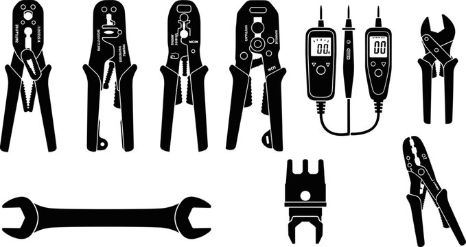 Professional vector illustration set of electrical hand tools including wire strippers crimpers cable cutters digital multimeters and open end wrench silhouettes for industrial maintenance projects.