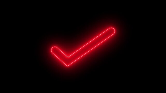 A vibrant red neon checkmark glows brightly against a solid black background symbolizing approval high quality