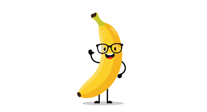 Cheerful yellow banana character wearing black glasses and waving a hand isolated on a white background.