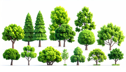 Fototapeta premium Assortment of stylized green trees and bushes on white background