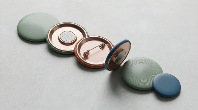 Round pin button badges showing front and back sides