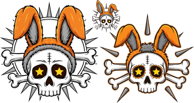 Bunny skulls, cartoon punk rabbit, skulls with headbands, orange ears, vector illustrations