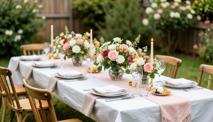 Fototapeta premium Elegant outdoor dinner party with floral centerpieces garden setting table decoration evening atmosphere romantic vibe