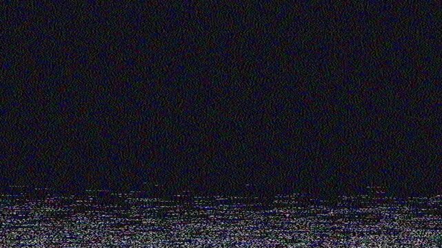 Relentless analog static and grainy tracking glitches dance across a dark television screen, perfectly mimicking the unsettling visual texture of a lost broadcast signal upon a very broken retro tape