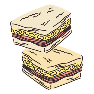 Argentine sandwich de miga with crustless white bread, mayonnaise, ham and cheese, street food