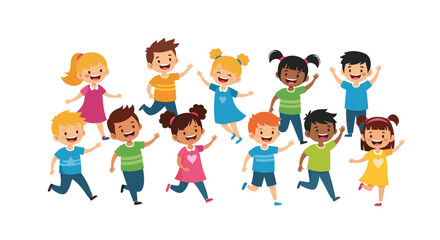 Fototapeta premium Collection of diverse happy children jumping, running, and playing together to represent childhood joy, friendship, and school community.